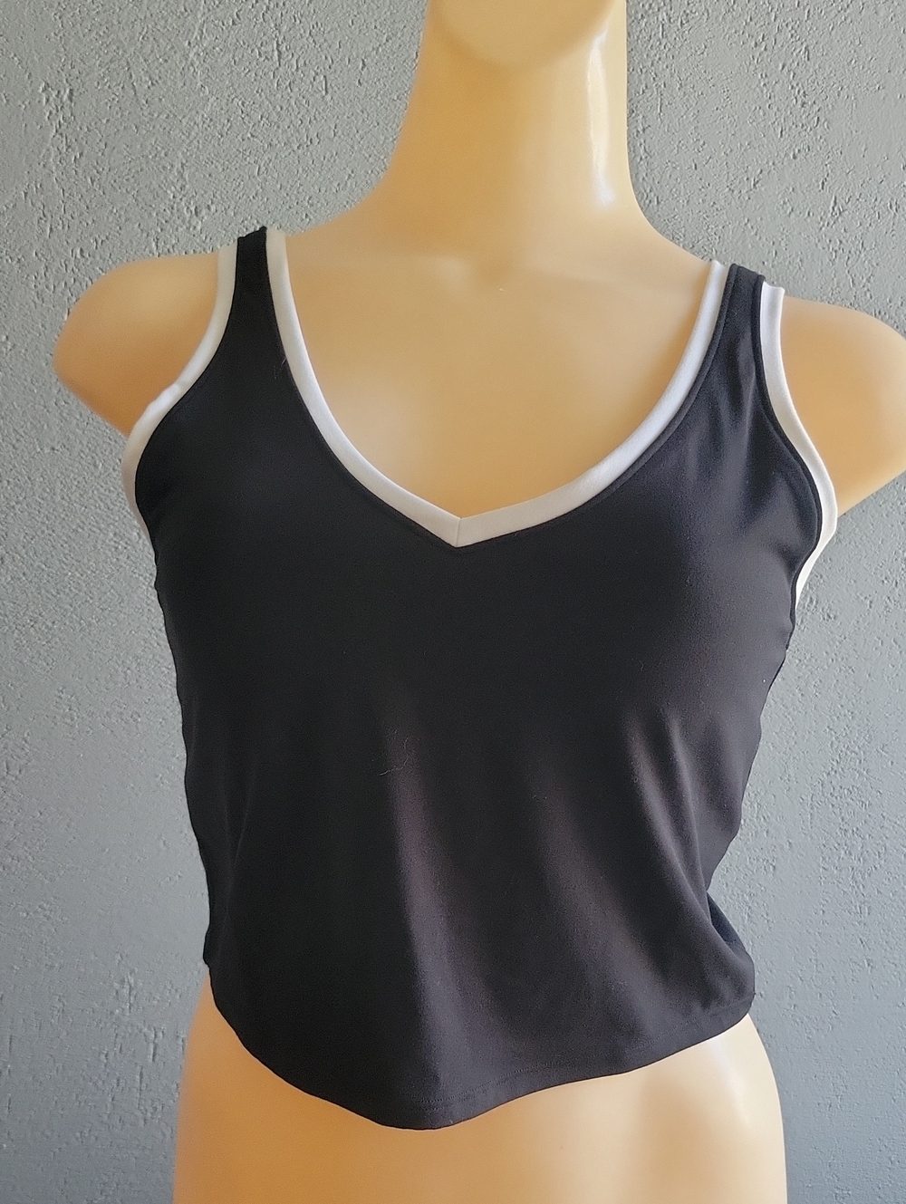 Black V-Neck Racer Tank with White Trim - Women's Top